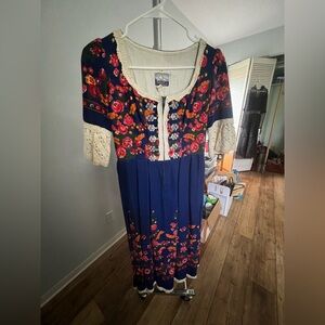 Gunne Sax Navy and Cream Floral Midi Dress